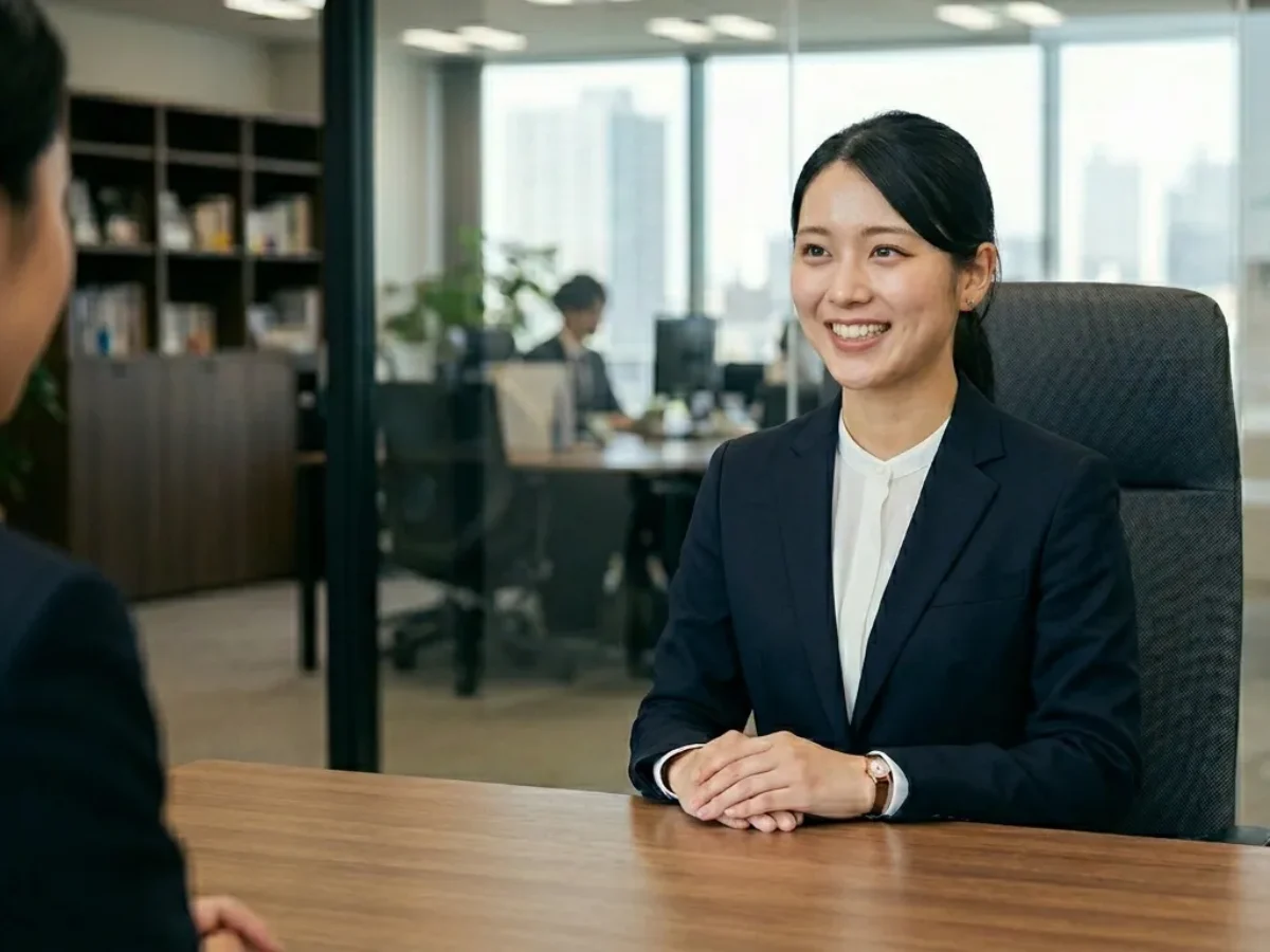 宗教科出身者が一般企業のオフィスで面談をしている様子